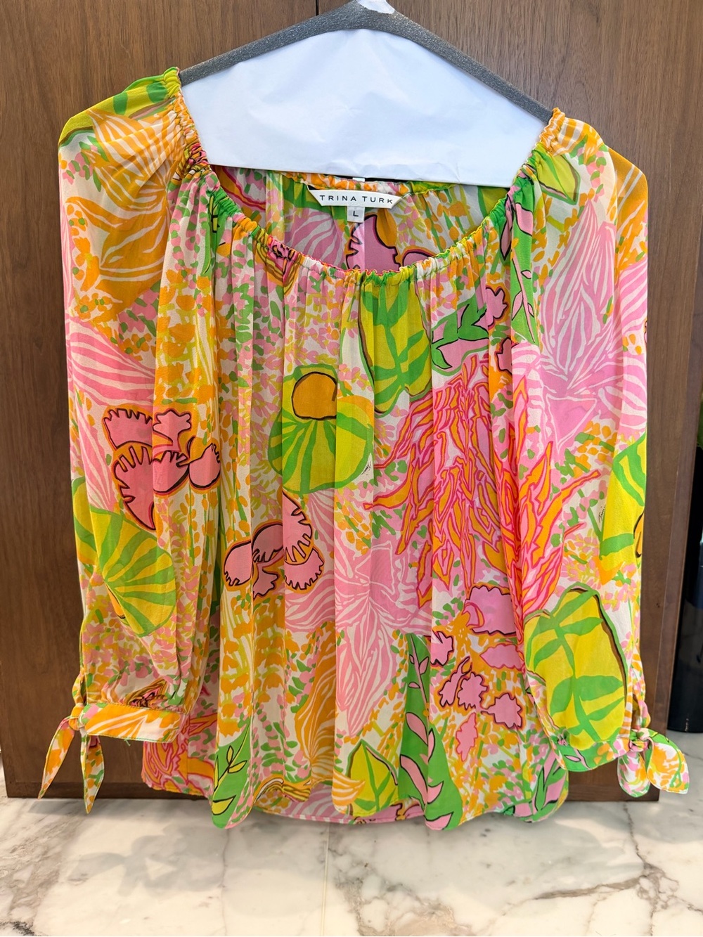 Trina Turk Pink Yellow Green Floral Peasant Top